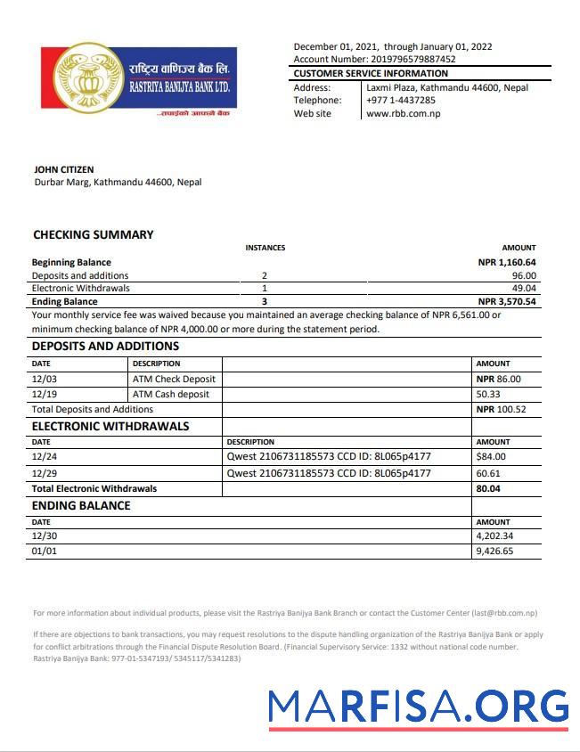 Blank Nepal Rastriya Banijya bank statement word template